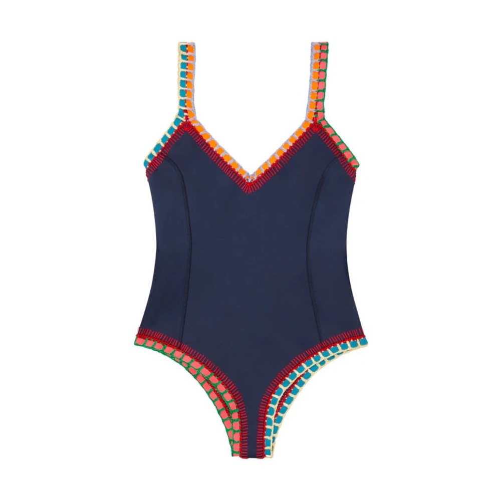 KIINI tasmin Scoop Back Maillot one piece swimsuit crochet trim navy L NWOT